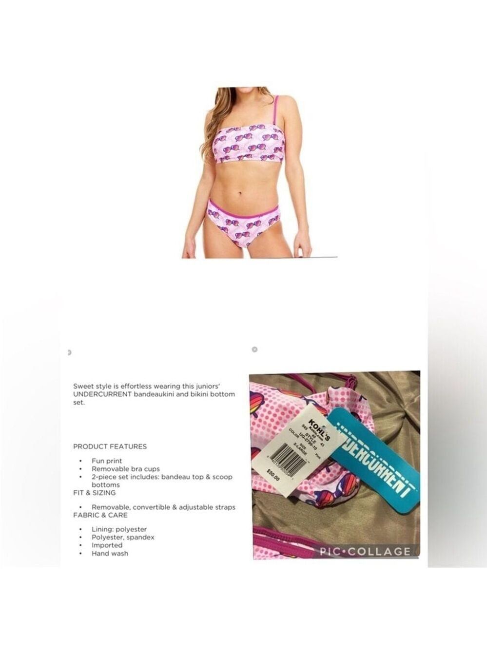 Undercurrent Bandeaukini Woman's Juniors size XL pink dots & sunglasses theme - Picture 9 of 10